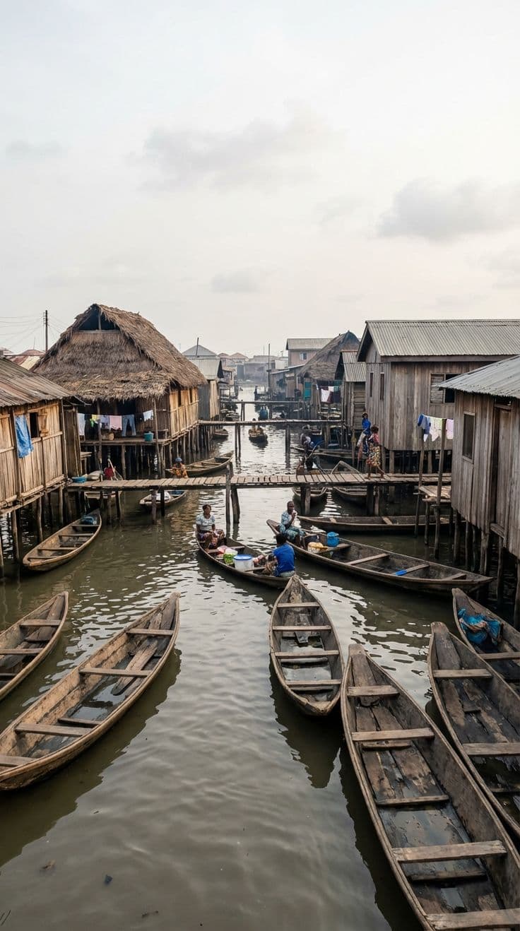 Ganvié, cité lacustre bâtie sur pilotis sur le lac Nokoué, au Bénin.